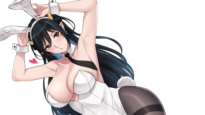 1girl, animal_ears, armpits, arms_up, bare_arms, black_hair, black_necktie, black_pantyhose