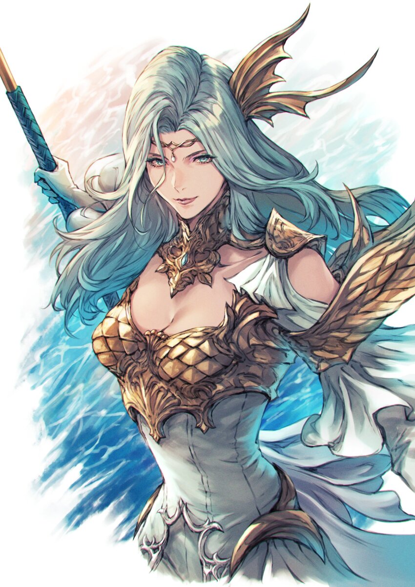 1girl, absurdres, blue_eyes, blue_eyeshadow, blue_hair, breasts, circlet, cleavage, clothing_cutout, collarbone, cowboy_shot, cropped_torso, dress, elbow_gloves, eyeshadow, final_fantasy, final_fantasy_xiv, gloves, hair_ornament, highres, holding, holding_polearm, holding_weapon, jewelry, llymlaen, long_hair, makeup, makimura_shunsuke, medium_breasts, neck_ring, outstretched_arms, polearm, shoulder_cutout, smile, solo, spread_arms, water, weapon, white_background, white_dress, white_gloves