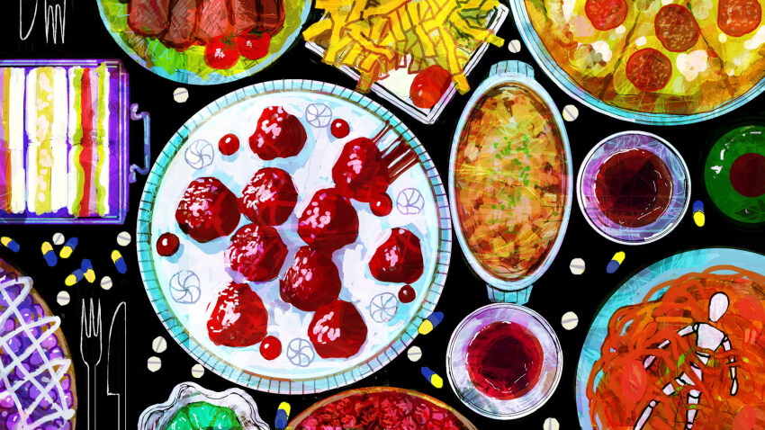 bad_adobe_portfolio_link, bad_link, cake, casserole, commentary_request, food, food_focus, food_request, fork, french_fries, from_above, gelatin, genoge_(nakiso), highres, knife, marionette, napolitan, no_humans, pill, pizza, puppet, sandwich, saucer, shida_7, sliced_meat, strawberry_shortcake