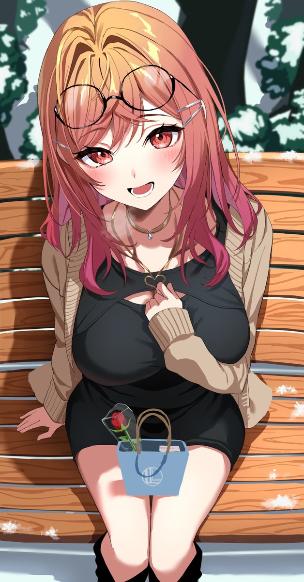 1girl, ahoge, bag, bag_on_lap, bench, black-framed_eyewear, black_dress, black_footwear, blush, breasts, breath, brown_cardigan, cardigan, cleavage_cutout, clothing_cutout, dress, eyewear_on_head, flower, from_above, gradient_hair, hair_between_eyes, hair_intakes, hair_ornament, hairclip, hand_in_clothes, hand_on_own_chest, heart, heart_necklace, highres, hololive, hololive_dev_is, ichijou_ririka, jewelry, large_breasts, long_hair, looking_at_viewer, lower_teeth_only, multicolored_hair, nao_(naoooo_a), necklace, open_mouth, orange_eyes, orange_hair, pendant_choker, pink_hair, red_flower, red_hair, red_rose, rose, sitting, smile, snow, solo, teeth, thighs, virtual_youtuber