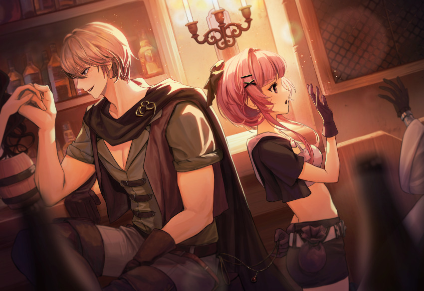 1boy, 1girl, :o, absurdres, alternate_hair_color, bar_(place), belt, belt_pouch