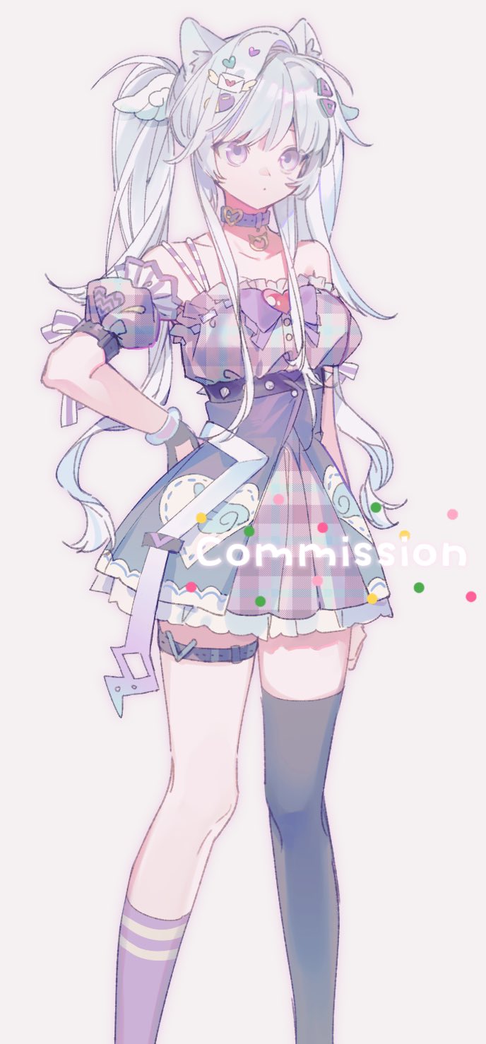 1girl, animal_ears, asymmetrical_legwear, cat_ears, choker, commission, highres, mismatched_legwear