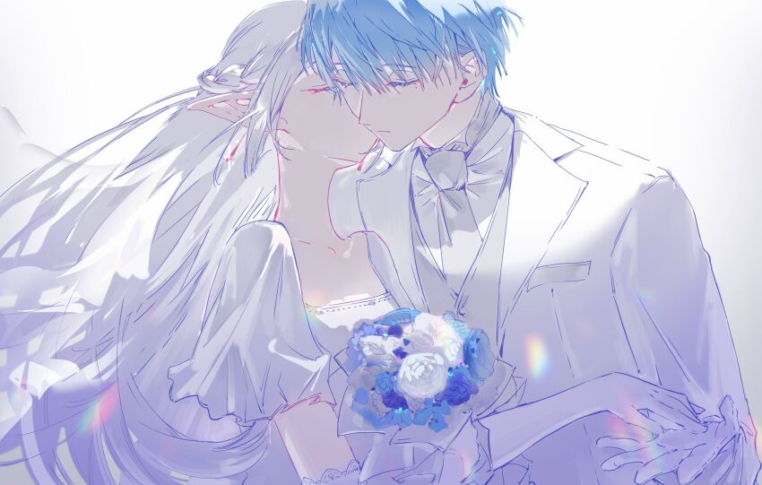 1boy, 1girl, absurdres, blue_flower, blue_rose, bouquet, braid, bride