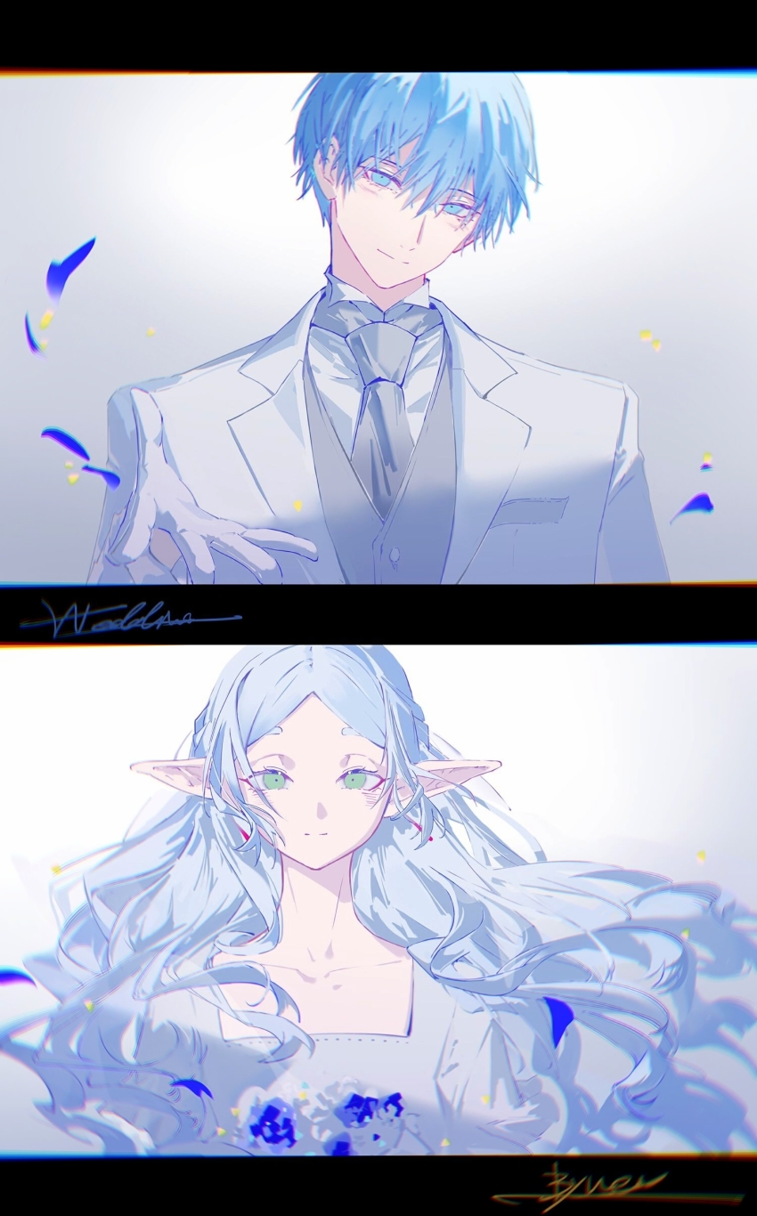 1boy, 1girl, absurdres, beckoning, blue_eyes, blue_flower, blue_rose, bouquet