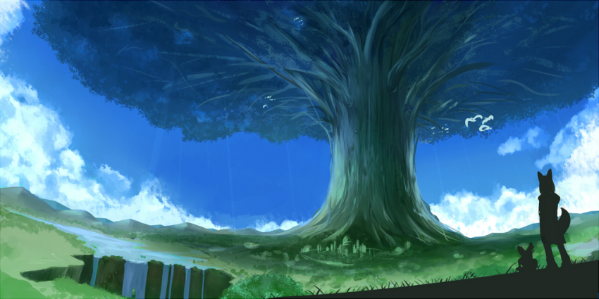 1girl, animal_ears, bird, blue_sky, cloud, commentary_request, day, dress