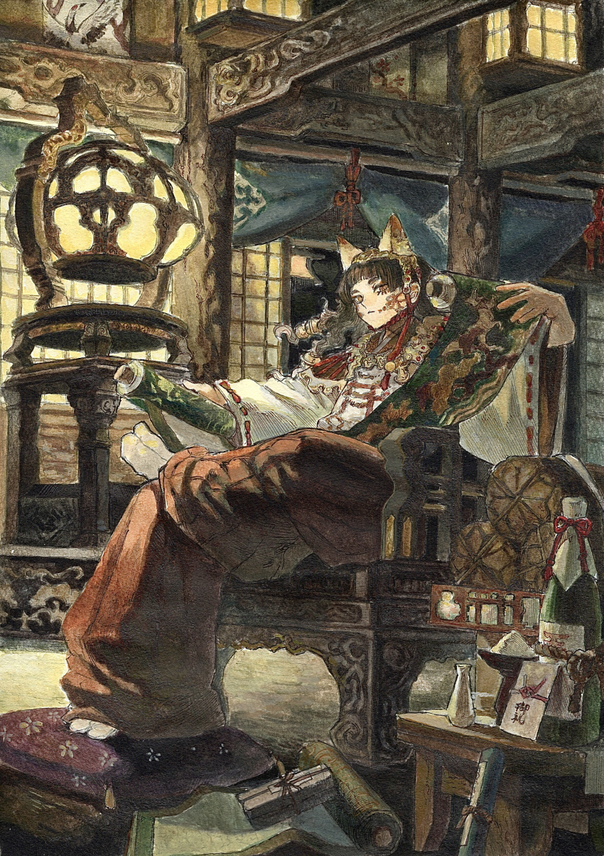 1girl, absurdres, acrylic_paint_(medium), animal_ears, architecture, bell, blunt_bangs, bottle