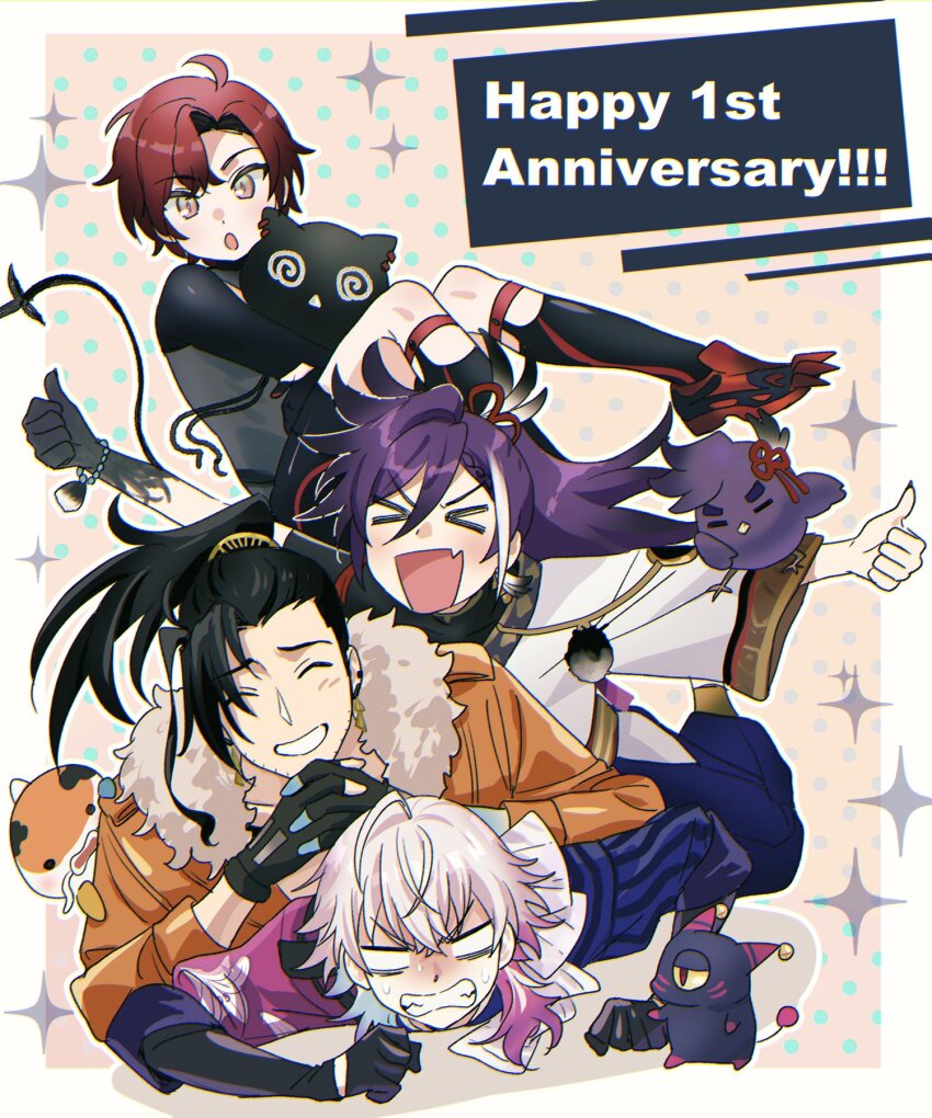 >_<, 4boys, @_@, ^_^, anniversary, banzoin_hakka, bird, black_bodysuit, black_gloves, black_hair, blank_eyes, blue_hair, bodysuit, bracelet, closed_eyes, colored_skin, creature, earrings, elbow_gloves, english_text, fang, feather_hair_ornament, feathers, fingerless_gloves, fur-trimmed_jacket, fur_trim, gavis_bettel, gloves, grey_hair, hair_between_eyes, hair_ornament, hakkito_(banzoin_hakka), happy_anniversary, highres, holding, holding_creature, holostars, holostars_english, holotempus, jacket, jewelry, josuiji_shinri, koi, koipanion_(josuiji_shinri), long_hair, looking_at_viewer, machina_x_flayon, machiroon_(machina_x_flayon), male_focus, multicolored_hair, multiple_boys, on_floor, open_mouth, orange_jacket, own_hands_clasped, own_hands_together, phantom_(gavis_bettel), pink_hair, ponytail, purple_hair, red_hair, scowl, short_hair, sitting, sitting_on_person, skin_fang, smile, sparkle, streaked_hair, tail, teeth, thumbs_up, tom_8b, virtual_youtuber, white_hair