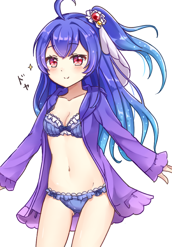 1girl, ahoge, blue_bra, blue_hair, blue_panties, blush, bra, breasts