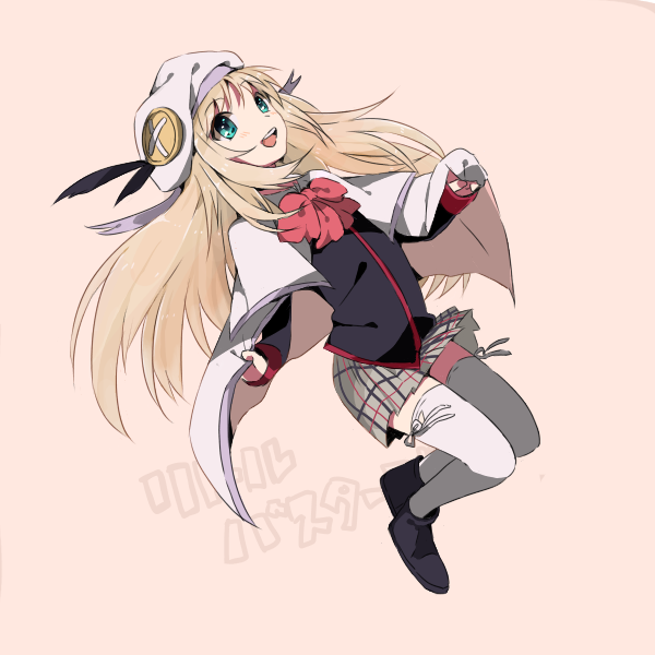 1girl, blonde_hair, blue_eyes, bow, cape, female_focus, hat, kangokun