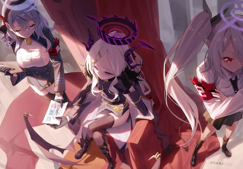 3girls, absurdres, ako_(blue_archive), arm_support, armband, aru_(blue_archive), bell, black_footwear