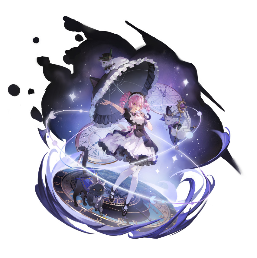 1girl, absurdres, black_cat, breasts, cat, cat_ear_umbrella, chinese_commentary, clock, commentary_request, crescent, drill_hair, full_body, hat, high_heels, highres, holding, holding_umbrella, light_particles, long_hair, maid, maid_headdress, medium_breasts, multiple_cats, original, pantyhose, partial_commentary, pink_eyes, pink_hair, sky, solo, space, star_(sky), starry_sky, twin_drills, umbrella, white_cat, white_pantyhose, witch_hat, zai_moyu_de_fanqing