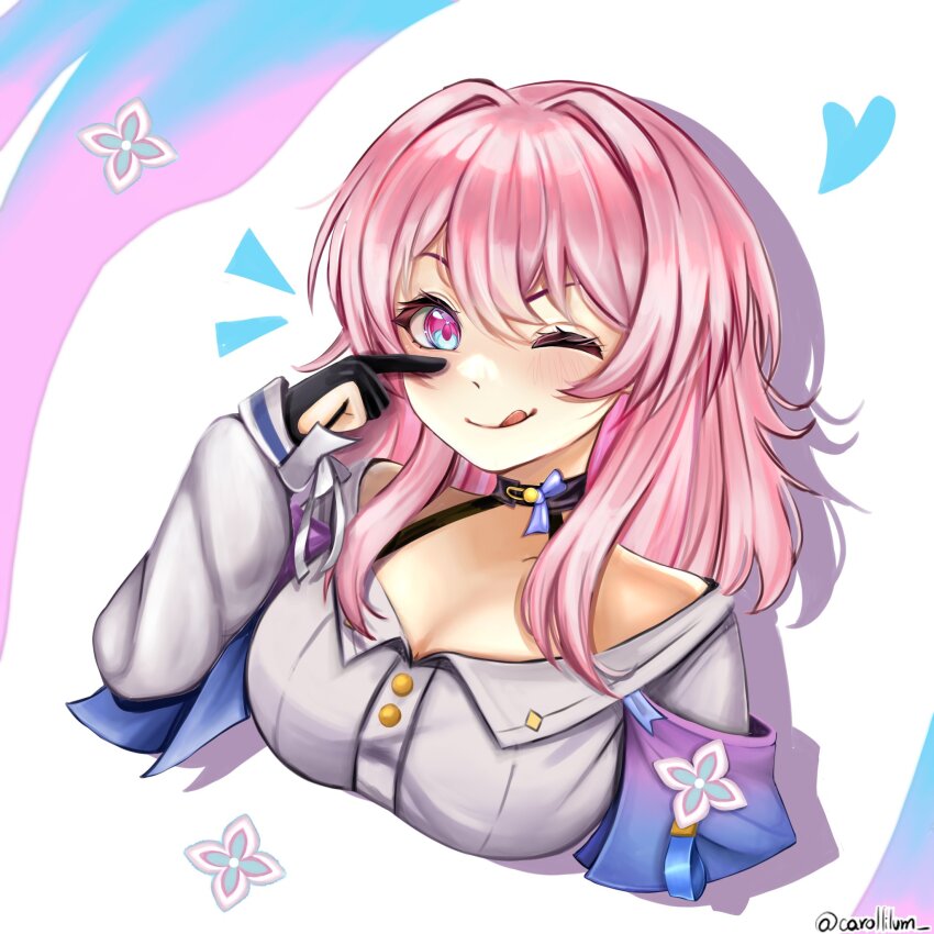 1girl, ;), ;q, bare_shoulders, black_gloves, blue_eyes, blush, breasts, cleavage, commentary, cropped_torso, drop_shadow, english_commentary, gloves, grey_shirt, hair_intakes, hand_up, heart, highres, honkai:_star_rail, honkai_(series), lilum, looking_at_viewer, march_7th_(honkai:_star_rail), march_7th_(preservation)_(honkai:_star_rail), medium_breasts, multicolored_eyes, off-shoulder_shirt, off_shoulder, one_eye_closed, pink_eyes, pink_hair, shirt, smile, solo, tongue, tongue_out, two-tone_eyes, upper_body, white_background