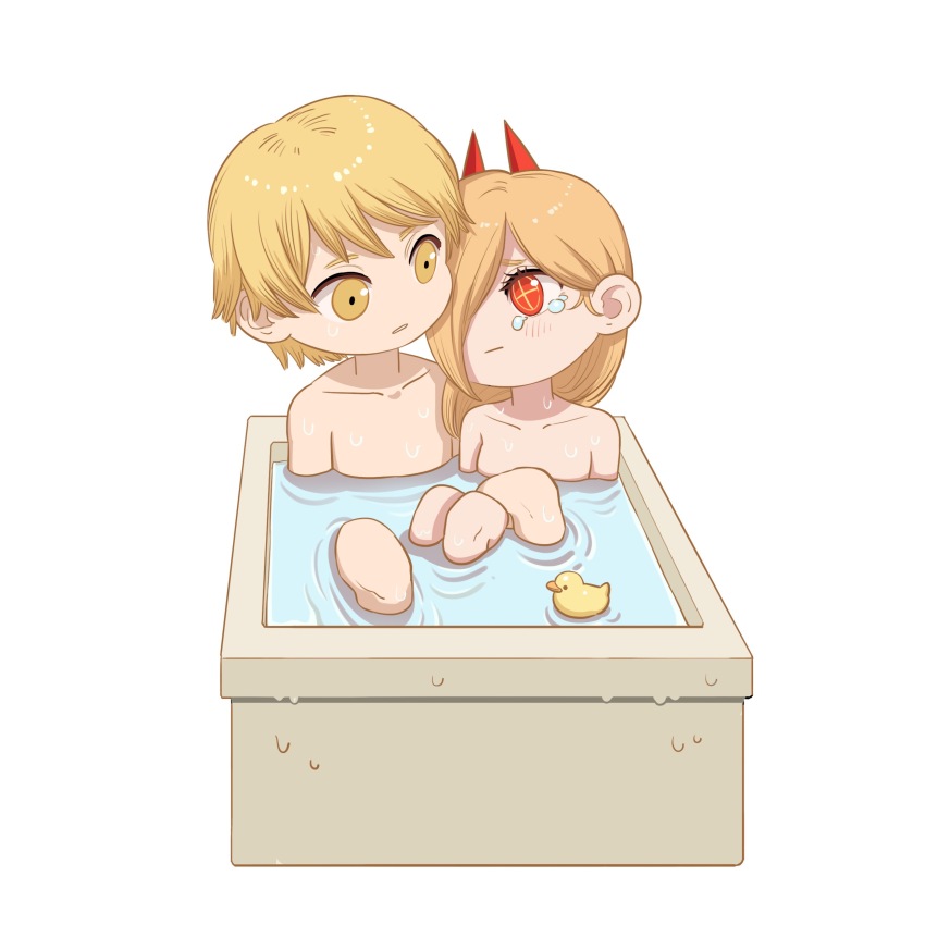 1boy, 1girl, absurdres, bath, bathing, blonde_hair, breasts, brown_eyes, chainsaw_man, cross-shaped_pupils, crying, denji_(chainsaw_man), hair_between_eyes, hair_over_one_eye, highres, kiunchiku, nude, power_(chainsaw_man), red_eyes, rubber_duck, small_breasts, symbol-shaped_pupils, tears