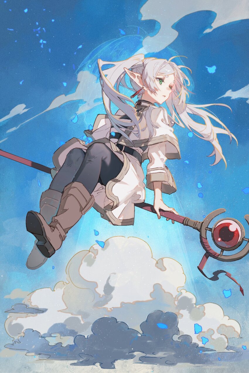 1girl, elf, flying, frieren, green_eyes, highres, long_hair, pointy_ears