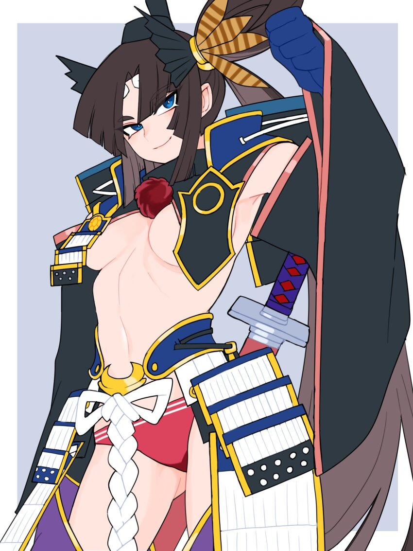 1girl, armor, bare_shoulders, black_hair, blue_eyes, breast_curtains, breasts, detached_sleeves