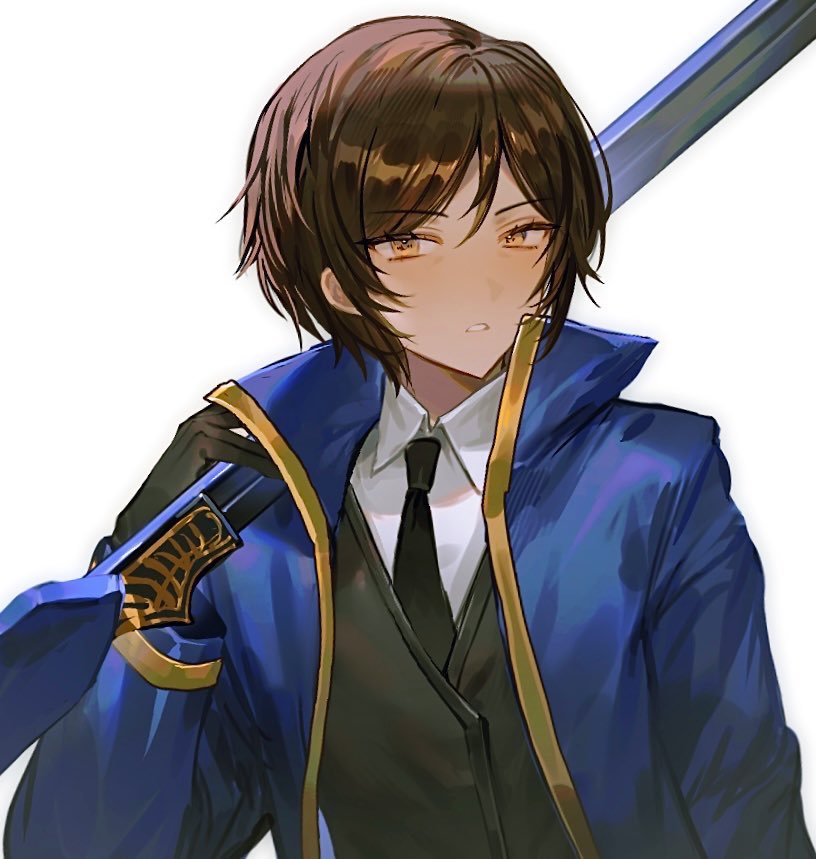 1girl, black_gloves, black_necktie, black_vest, blue_coat, bonno_sasu, brown_eyes, brown_hair