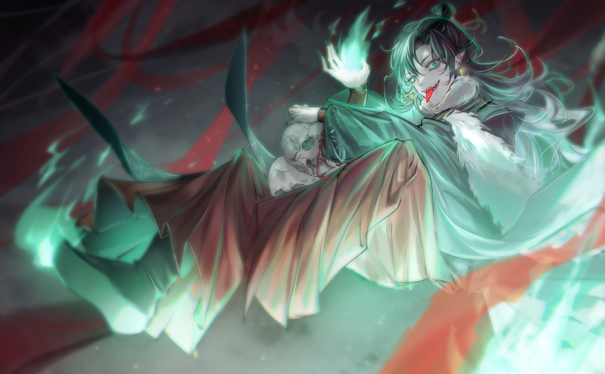 1boy, black_boots, black_hair, boots, bracer, chinese_clothes, earrings, fire