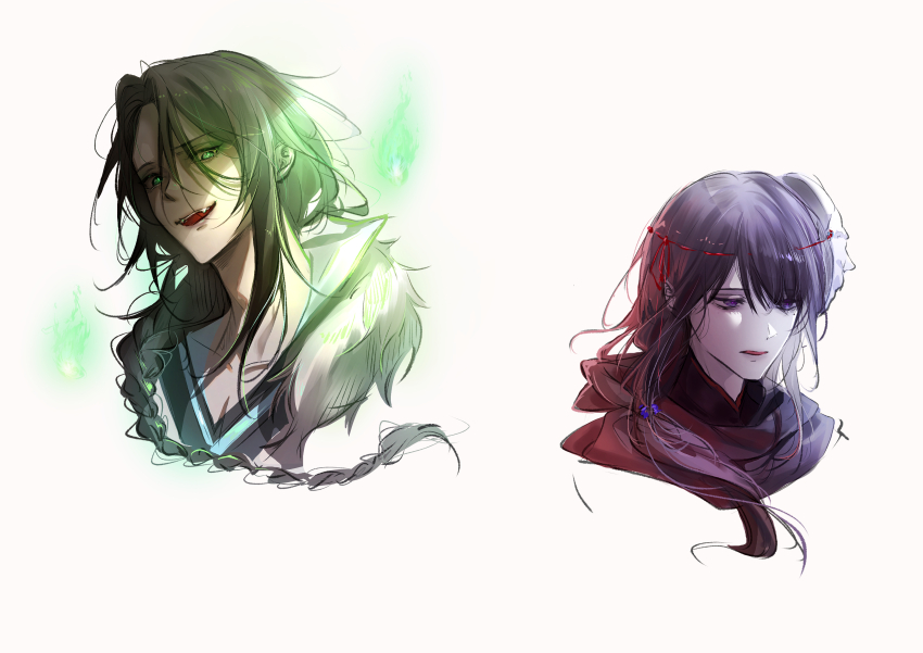 2boys, absurdres, black_cloak, black_hair, braid, brown_hair, chinese_clothes, cloak