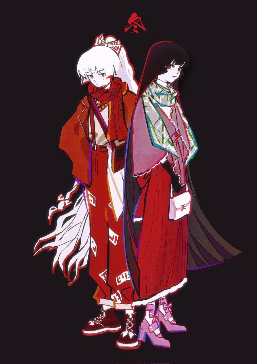 2girls, adapted_costume, alternate_costume, back_bow, bag, bamboo_print, belt, belt_buckle