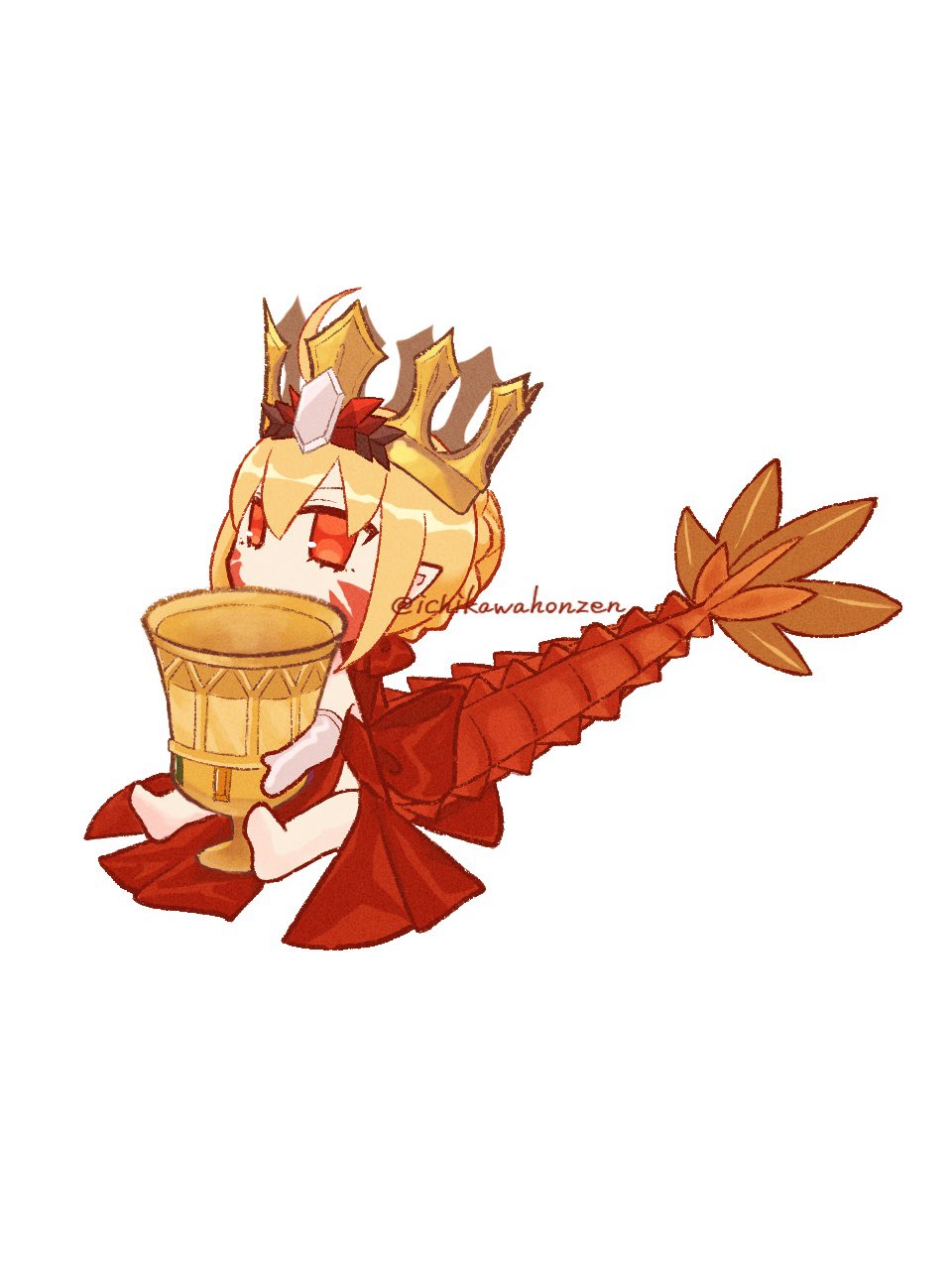 1girl, blonde_hair, chalice, chibi, crown, cup, dragon_tail, dress, facial_mark, fate/grand_order, fate_(series), highres, holy_grail_(fate), ichikawahonzen, nero_claudius_(fate), pointy_ears, queen_draco_(fate), red_dress, red_eyes, simple_background, sitting, solo, tail, white_background