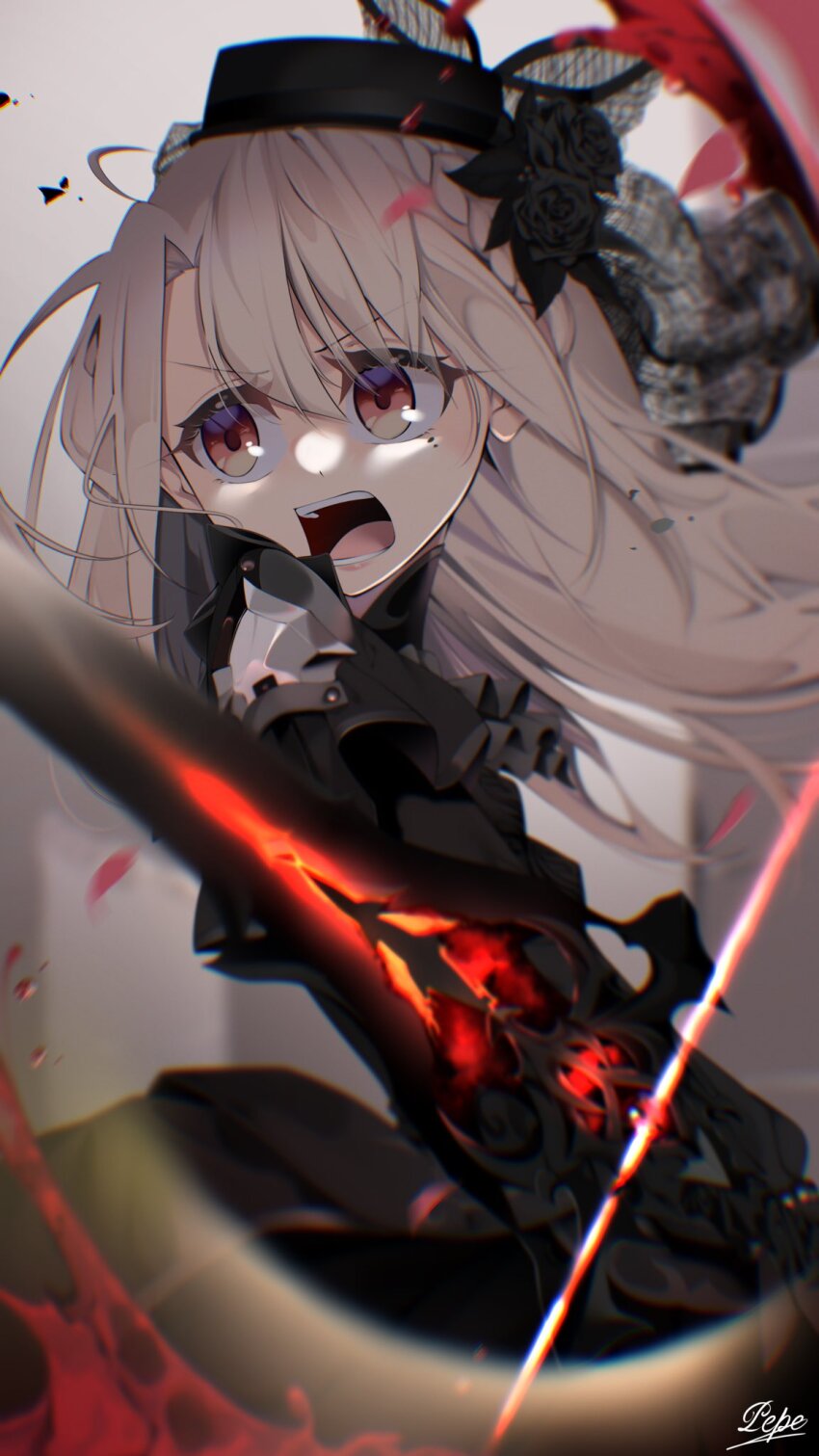 1girl, ascot, balmung_(fate), black_capelet, black_dress, black_flower, black_gloves, black_hat