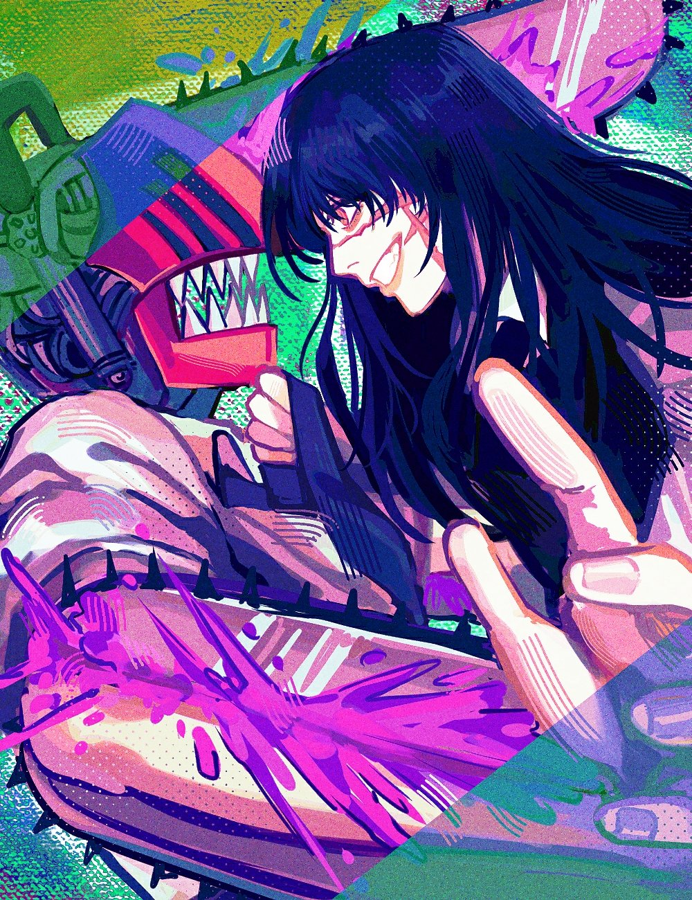 black_hair, chainsaw, chainsaw_man, cross_scar, denji_(chainsaw_man), heiriz, highres, necktie, scar, scar_on_face, yoru_(chainsaw_man)