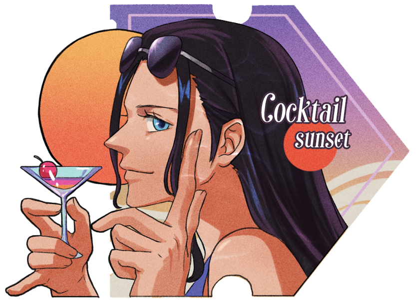 1girl, black_hair, blue_eyes, cocktail, cocktail_glass, cup, drink, drinking_glass, english_text, eyewear_on_head, holding, holding_drink, jennyandloiryan, light_smile, long_hair, looking_at_viewer, nico_robin, one_piece, profile, solo, ticket, upper_body