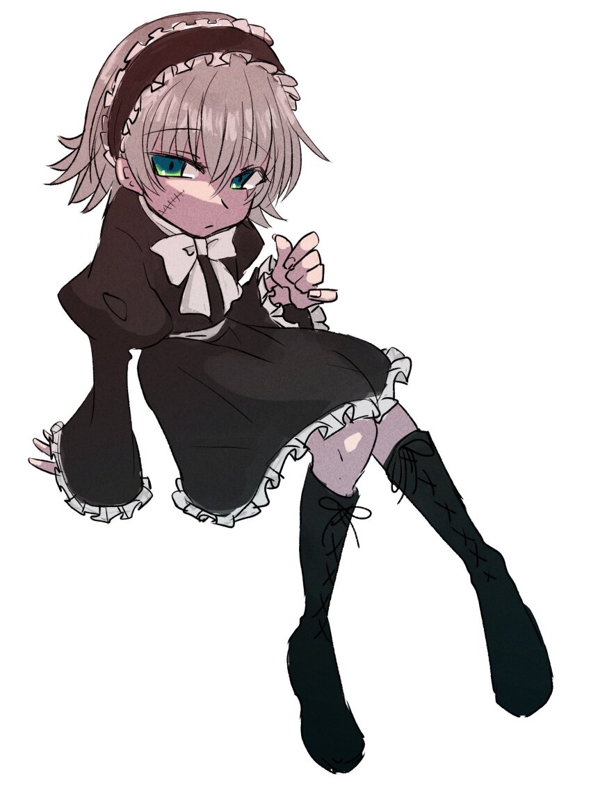 1girl, black_boots, black_dress, black_hair, boots, bow, bowtie, commentary_request, dress, expressionless, facial_scar, fate/apocrypha, fate/grand_order, fate_(series), full_body, gothic_lolita, green_eyes, grey_hair, highres, ichikawahonzen, jack_the_ripper_(fate/apocrypha), lolita_fashion, looking_at_viewer, scar, scar_on_cheek, scar_on_face, short_hair, sketch, solo