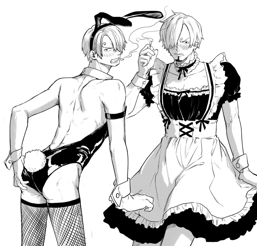 1boy, animal_ears, apron, ass, back, blush, cigarette, collar