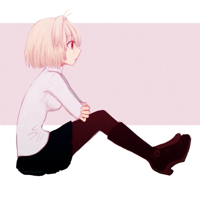 1girl, arcueid_brunestud, black_pantyhose, black_skirt, blonde_hair, boots, expressionless, from_side