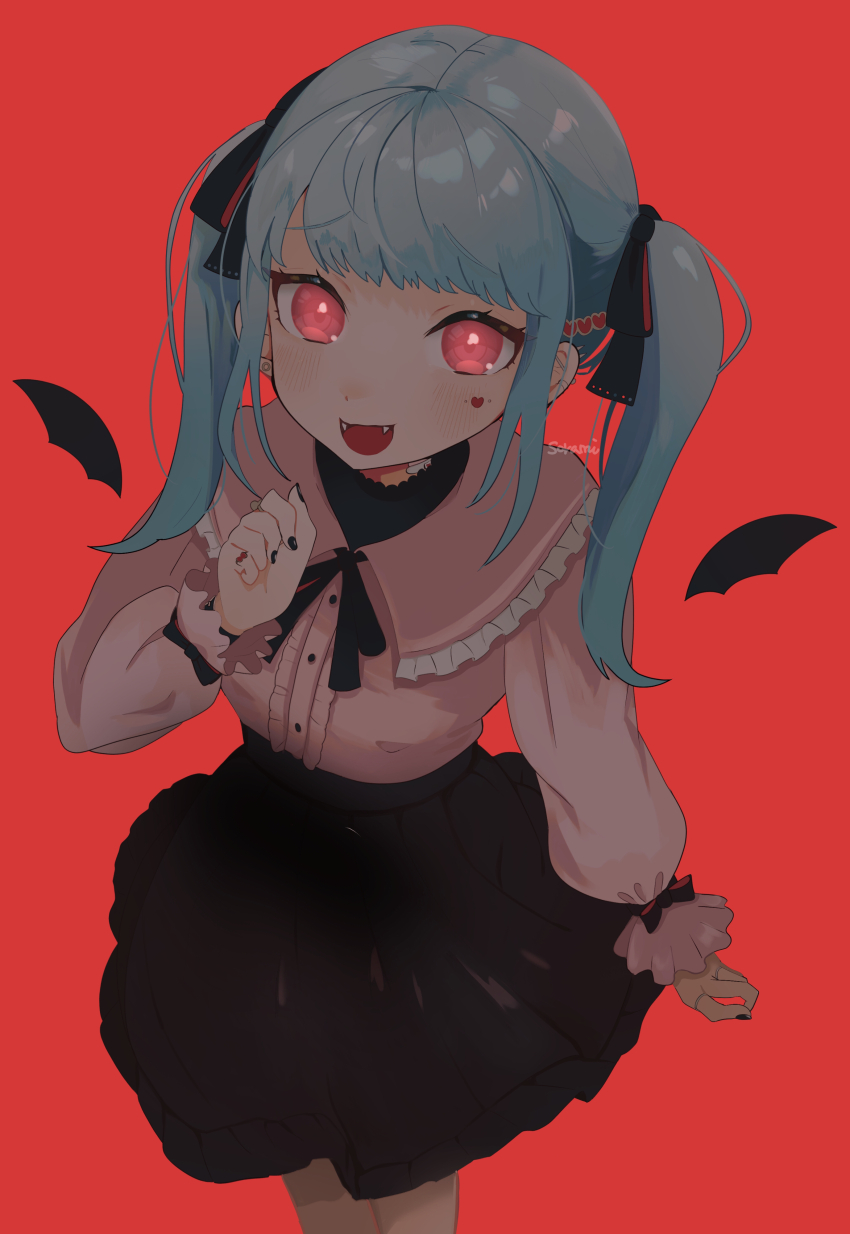 1girl, absurdres, bandage_on_neck, bat_wings, blue_hair, blush, center_frills, commentary, facial_mark, fangs, frilled_shirt_collar, frills, from_above, hair_ornament, hair_ribbon, hairclip, hand_up, hatsune_miku, heart, heart_facial_mark, heart_hair_ornament, highres, jewelry, jirai_kei, long_hair, long_sleeves, looking_at_viewer, mini_wings, nail_polish, neck_ribbon, open_mouth, red_background, red_eyes, ribbon, ring, shirt_tucked_in, skirt, smile, solo, sorami, twintails, vampire, vampire_(vocaloid), vocaloid, wings