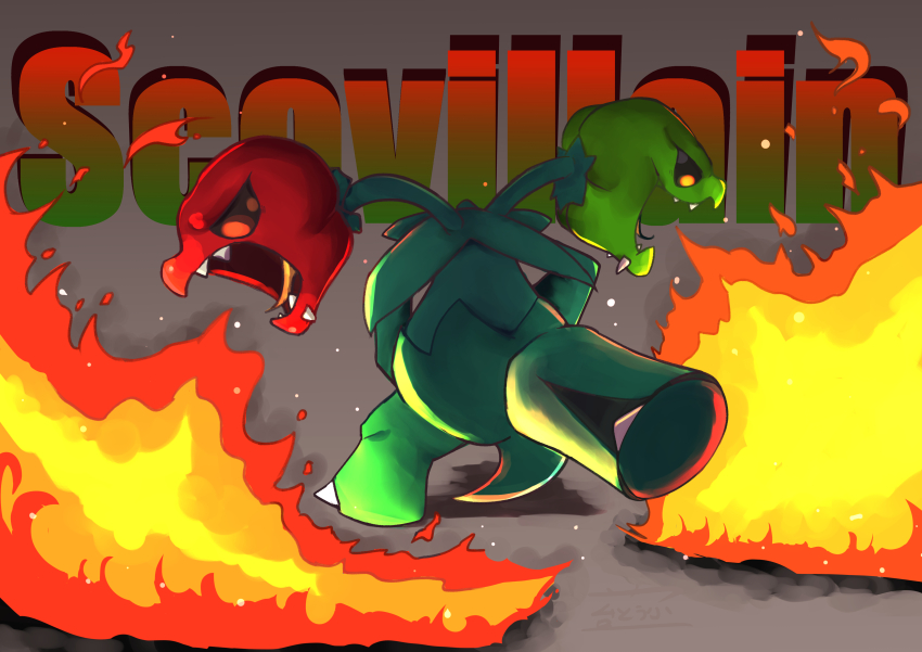 absurdres, bell_pepper, breath_weapon, breathing_fire, character_name, colored_skin, fangs, fire