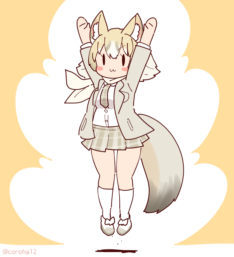 1girl, animal_ears, arms_up, black_eyes, brown_background, brown_hair, coroha, extra_ears, fox_ears, fox_girl, fox_tail, full_body, jacket, jumping, kemono_friends, kemono_friends_3, kit_fox_(kemono_friends), looking_at_viewer, necktie, scarf, shirt, shoes, short_hair, simple_background, skirt, socks, solo, tail