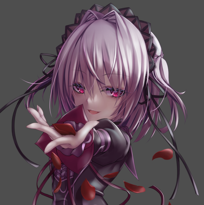 1girl, black_dress, black_hairband, black_ribbon, commentary_request, dress, eyelashes, eyes_visible_through_hair, floating_hair, gothic_lolita, grey_background, grey_hair, hair_between_eyes, hair_intakes, hair_ribbon, hairband, hapymaher, juliet_sleeves, lolita_fashion, long_sleeves, looking_at_viewer, medium_hair, naitou_maia, nyaromaru, open_mouth, petals, puffy_sleeves, reaching, reaching_towards_viewer, red_eyes, ribbon, rose_petals, simple_background, slit_pupils, smile, solo, tsurime, two_side_up, upper_body