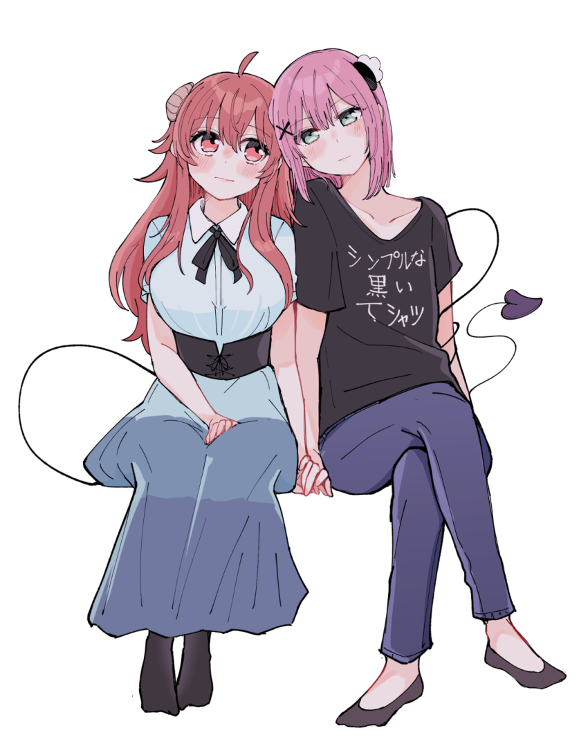 2girls, 6t24413, ahoge, blouse, blush, brown_eyes, brown_hair, chiyoda_momo, curled_horns, demon_girl, demon_horns, demon_tail, highres, horns, leaning_on_person, long_hair, machikado_mazoku, multiple_girls, pants, pink_hair, shirt, short_hair, simple_background, skirt, t-shirt, tail, translation_request, very_long_tail, yoshida_yuuko, yuri
