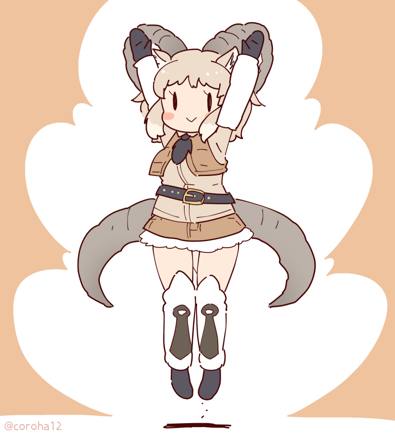 1girl, animal_ears, arms_up, belt, boots, brown_background, coroha, elbow_gloves, extra_ears, full_body, gloves, goat_ears, goat_girl, goat_horns, grey_hair, horns, jumping, kemono_friends, kemono_friends_3, looking_at_viewer, necktie, nubian_ibex_(kemono_friends), shirt, short_hair, shorts, simple_background, solo, vest