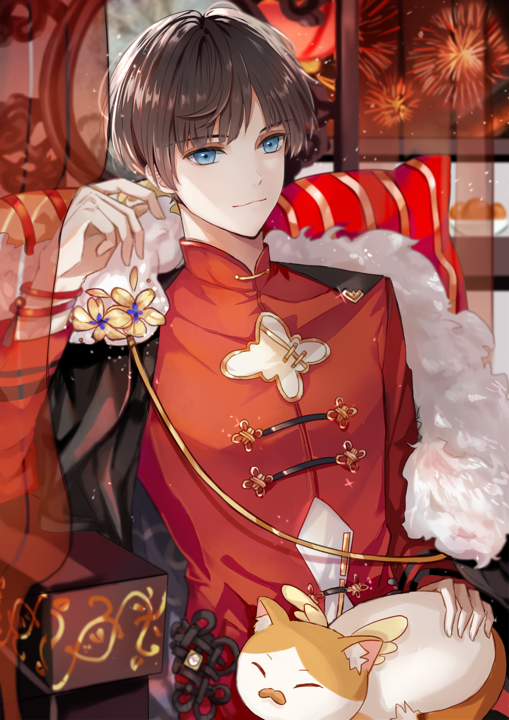 1boy, :3, aerial_fireworks, aguaaaaaa, animal, animal_on_lap, architecture, black_cape