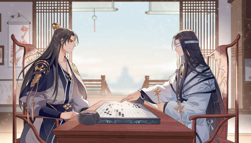 2boys, absurdres, architecture, bamboo_print, black_capelet, black_hair, black_sash, black_shirt