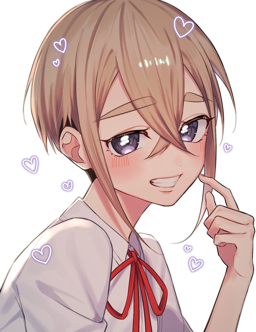 1girl, blonde_hair, blush, close-up, dress_shirt, finger_to_own_chin, hair_between_eyes, heart