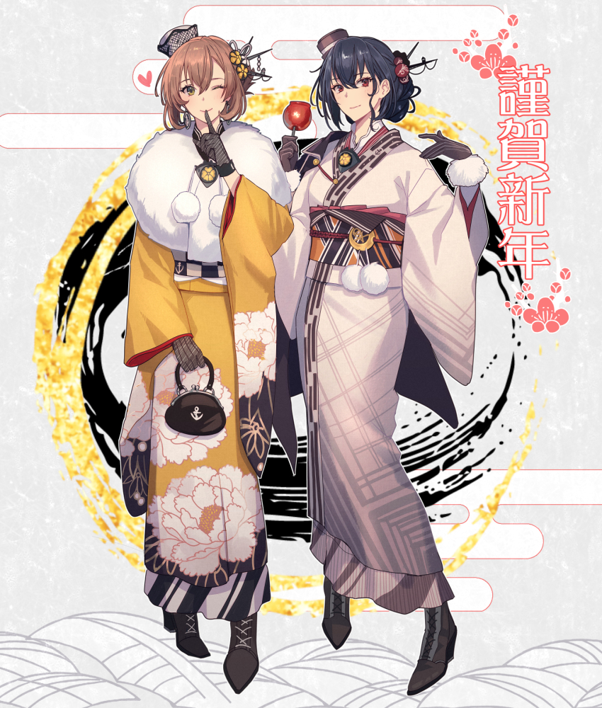 2girls, black_gloves, black_hair, brown_hair, closed_mouth, commentary_request, egasumi, fur-trimmed_gloves