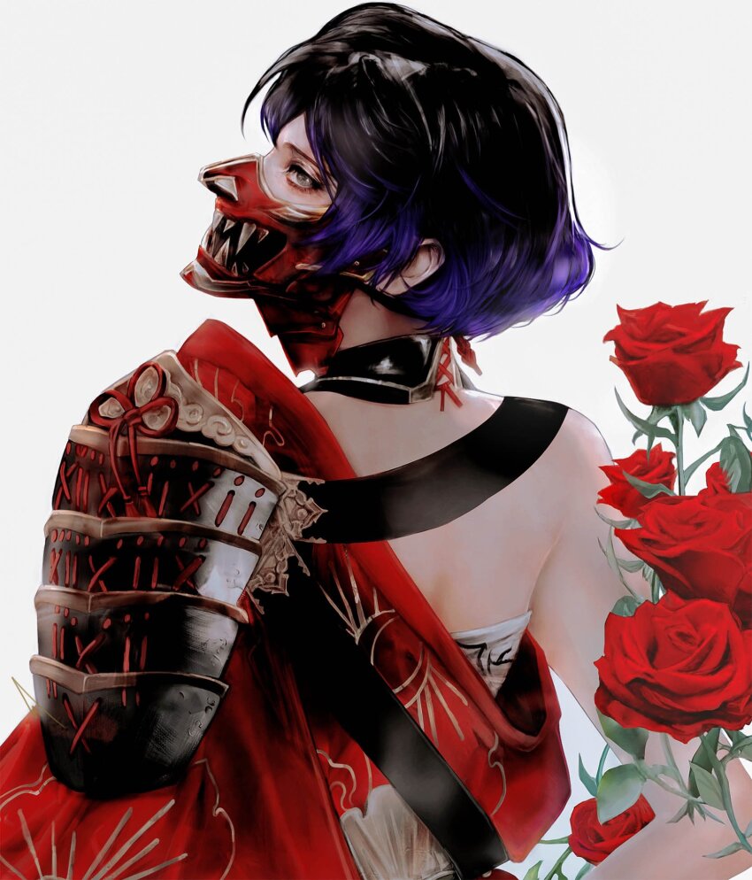 1girl, back, bare_shoulders, black_hair, collar, commentary, english_commentary, fangs