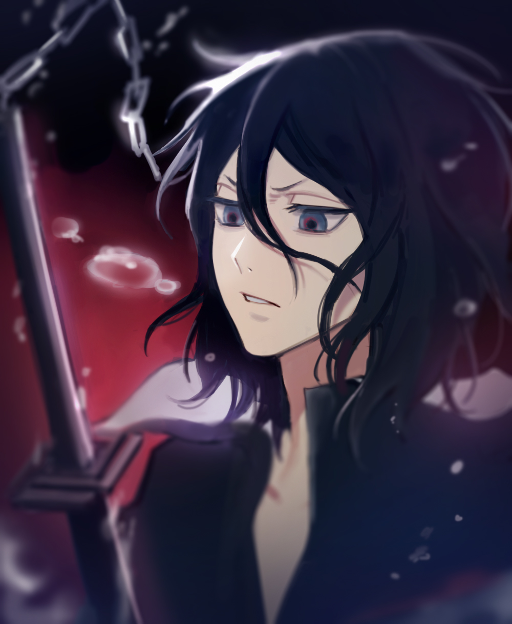 1boy, 22nae2, black_hair, black_hoodie, bleach, blue_eyes, closed_mouth, collared_shirt