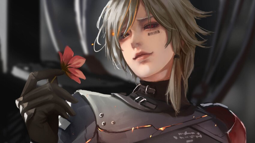 1boy, barcode, barcode_tattoo, black_gloves, black_sclera, blurry, blurry_background, bodysuit