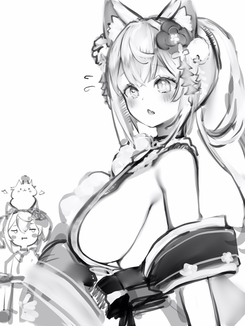 2girls, :i, absurdres, animal_ear_fluff, animal_ears, bare_shoulders, blush, breast_envy