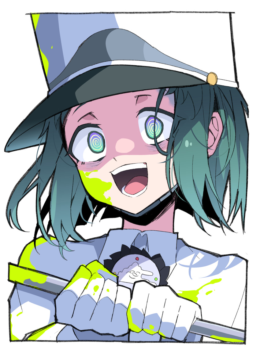 1girl, @_@, absurdres, blood, blood_splatter, blood_stain, commentary_request, crazy, crazy_eyes, crazy_smile, empty_eyes, female_focus, green_eyes, hat, highres, himiya_jouzu, looking_at_viewer, milgram, momose_amane, open_mouth, smile, solo