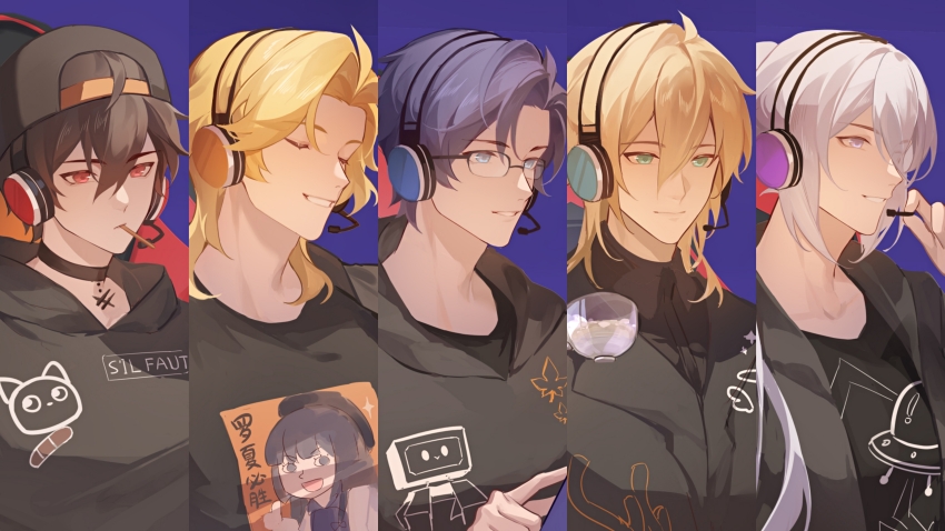 5boys, absurdres, adjusting_headset, alkaid_mcgrath, alternate_costume, animal_print, ayn_alwyn, backwards_hat