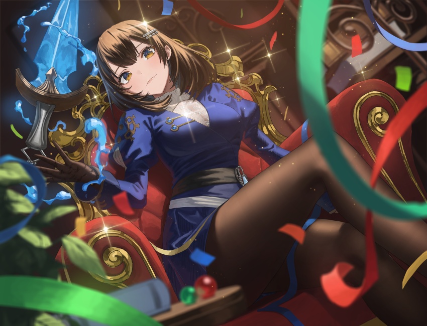 1girl, absurdres, armchair, black_hair, black_sash, blue_dress, blurry, bob_cut