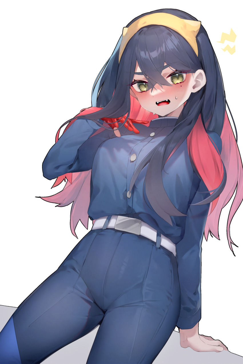 1girl, absurdres, alltime_natsu, arm_support, belt, belt_buckle, black_hair, blue_jacket