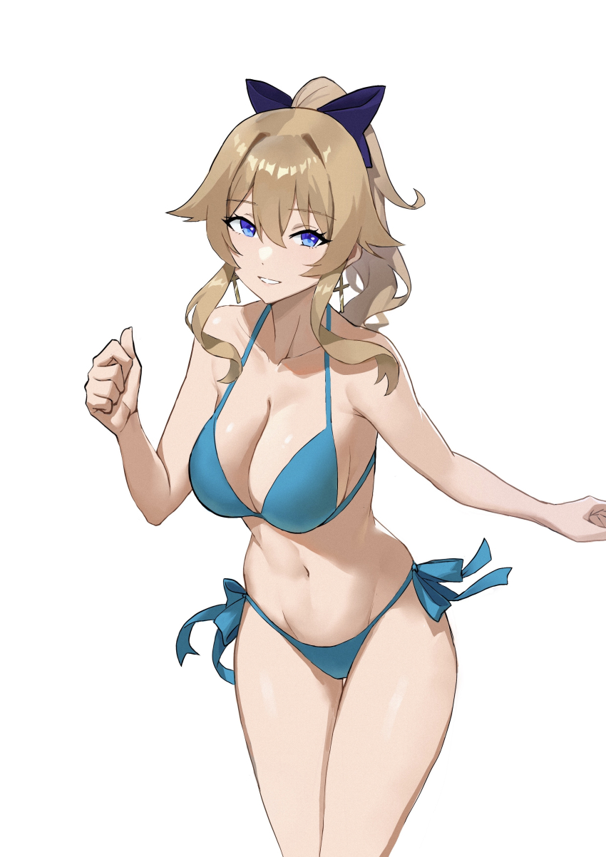 1girl, absurdres, bikini, blonde_hair, blue_bikini, blue_eyes, bow, breasts, cleavage, collarbone, freedomexvss, genshin_impact, grin, hair_between_eyes, hair_bow, highres, jean_(genshin_impact), large_breasts, long_hair, navel, ponytail, purple_bow, side-tie_bikini_bottom, sidelocks, simple_background, smile, solo, standing, swimsuit, white_background