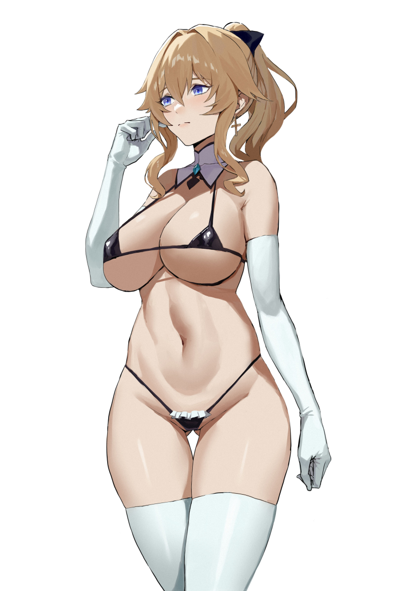 absurdres, bikini, black_bikini, black_bow, blonde_hair, bow, breasts, cowboy_shot